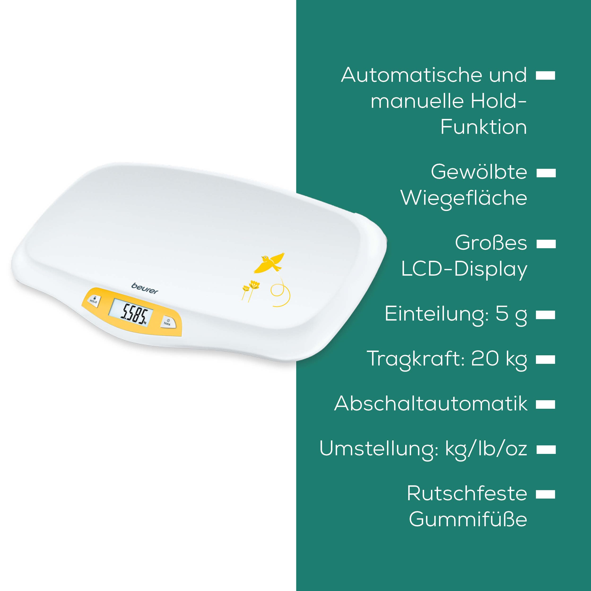 beurer-by-80-babywaage-mit-gew-lbter-wiegefl-che-20-kg-tragkraft-tara-und-holdfu image 7